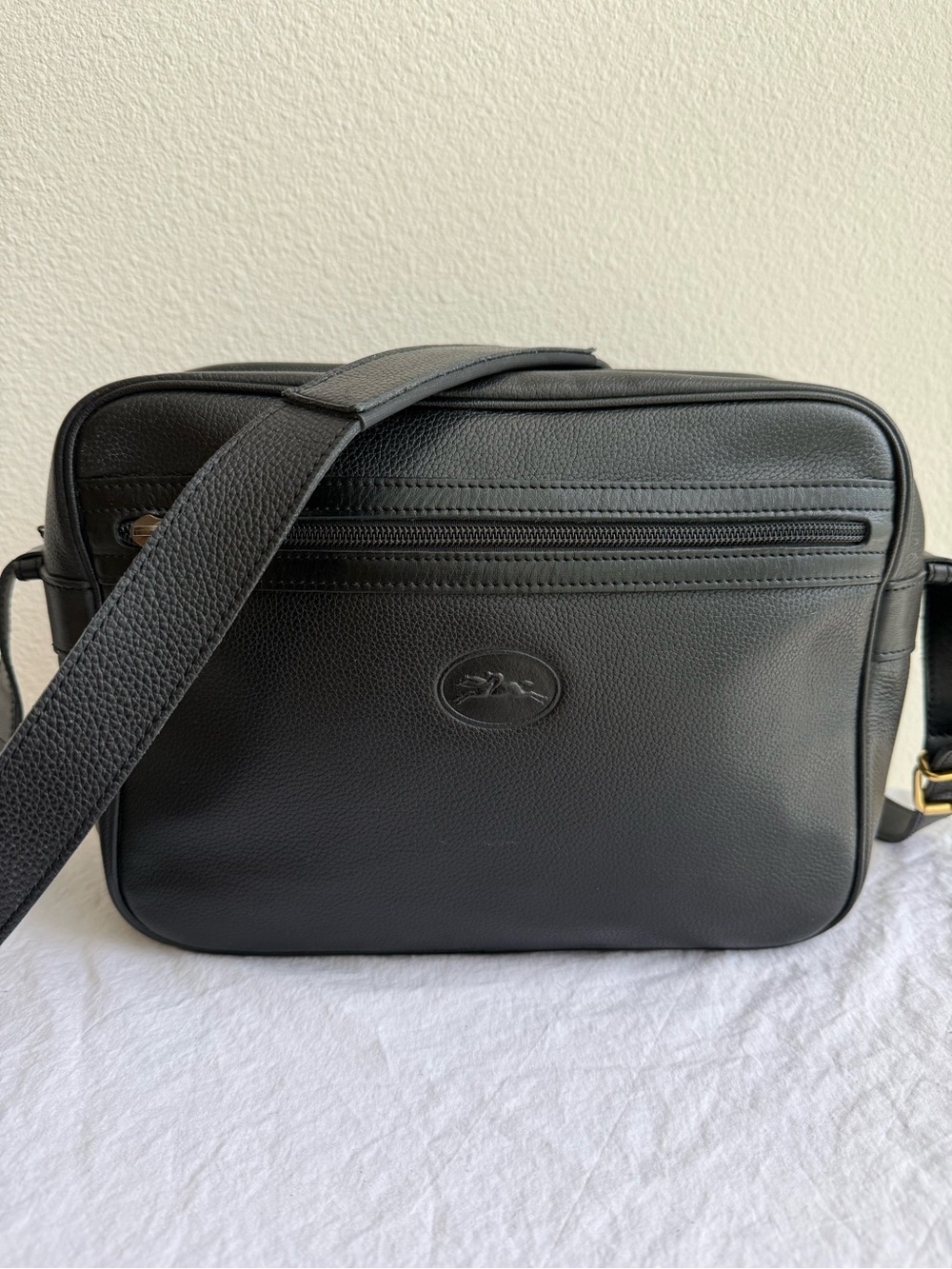 Vintage Longchamp Le Foulonné Camera Bag Black Pebbled Leather Crossbody France